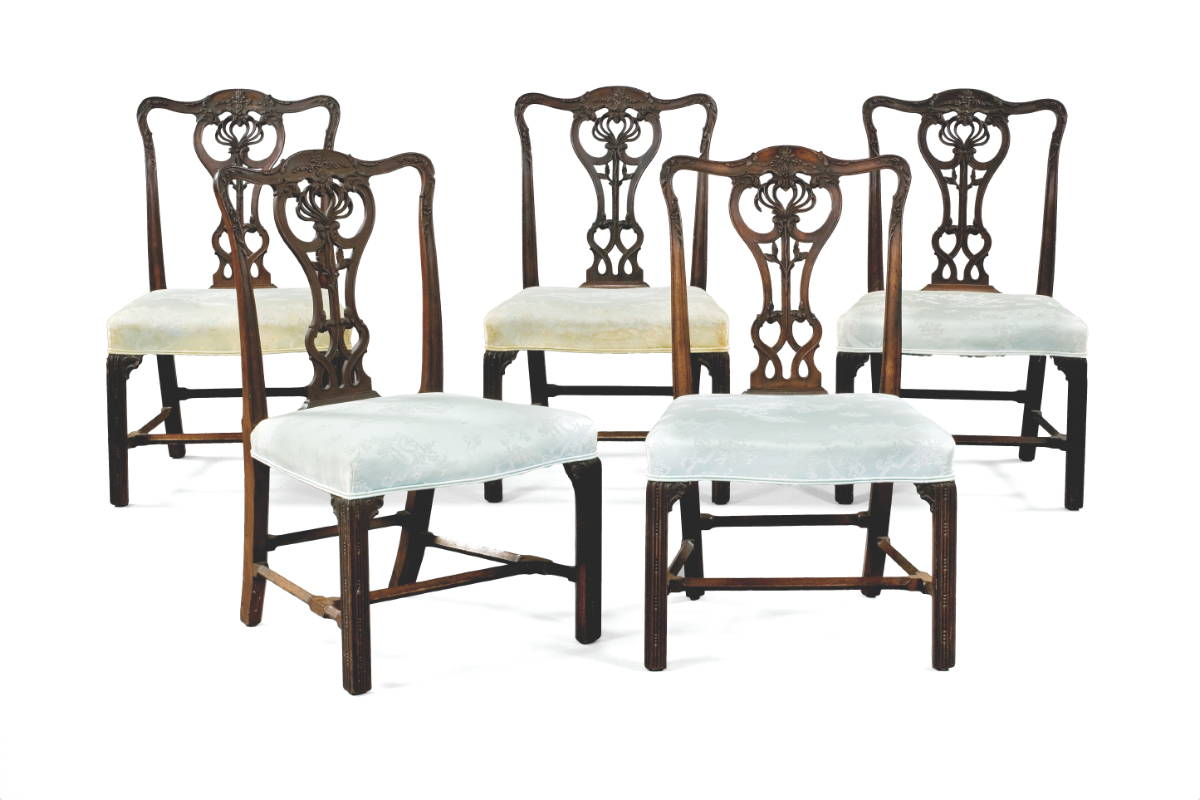 Appraisal: SET OF FIVE GEORGE III CARVED MAHOGANY SIDE CHAIRS Each