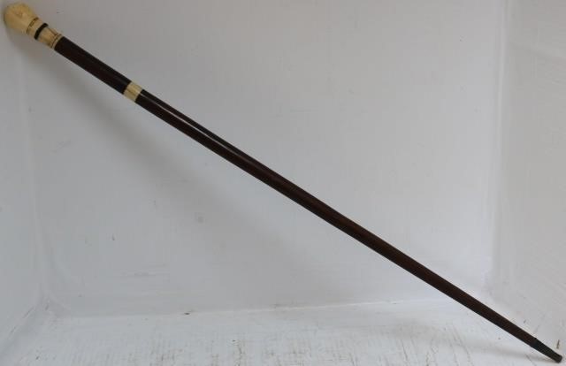 Appraisal: RARE LATE TH CENTURY SCRIMSHAW SWORD CANE WITHWHALE'S TOOTH HANDLE