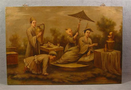 Appraisal: Oriental Oil Painting Oil on canvas laid down on plywood