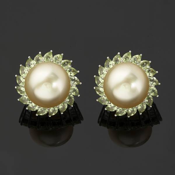 Appraisal: A pair of South Sea cultured pearl and peridot earrings