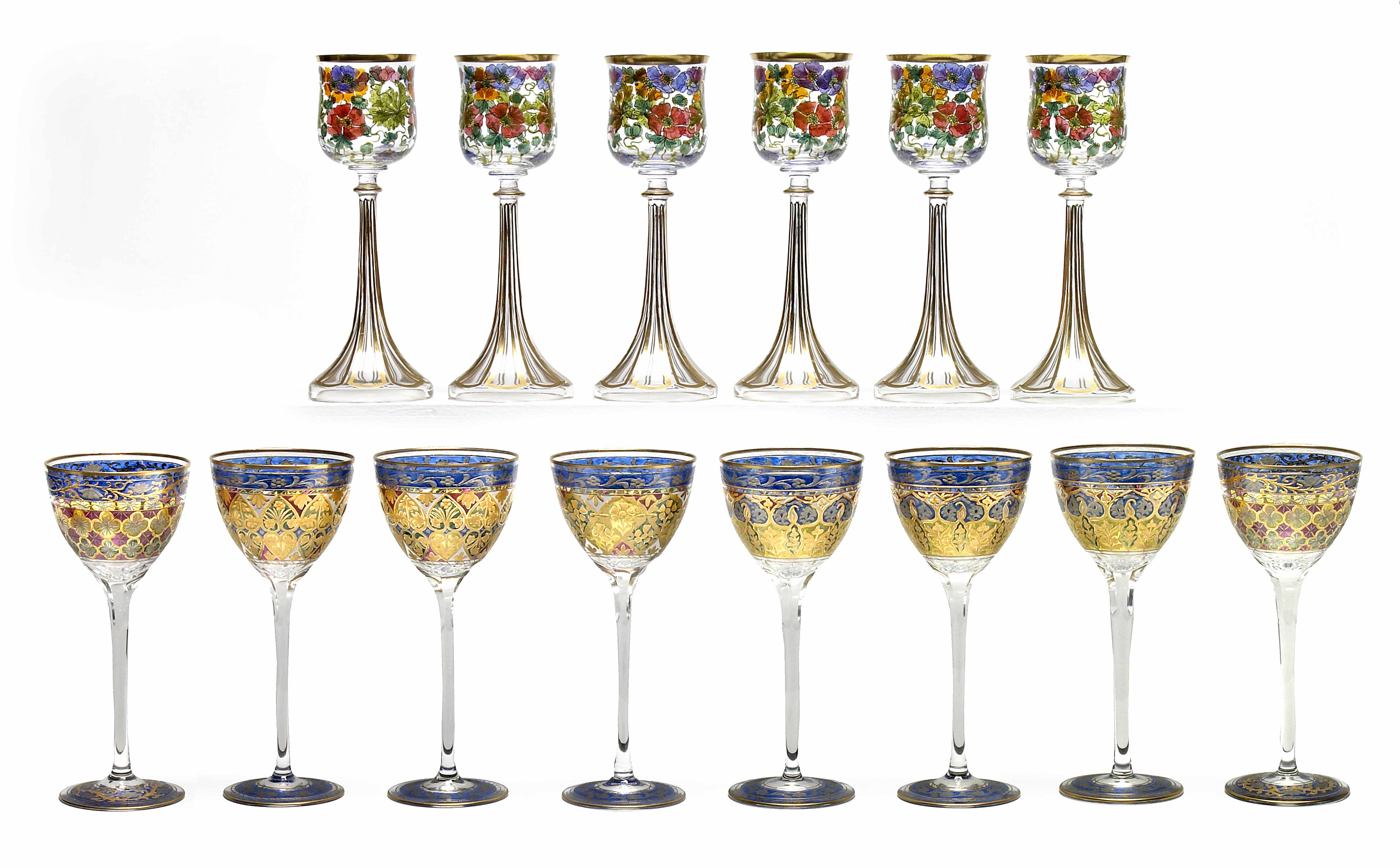 Appraisal: Two sets of transparent enamel decorated glasses first quarter th