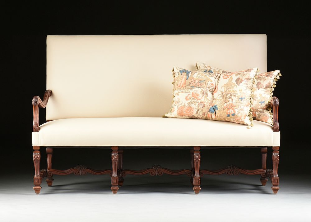 Appraisal: A LOUIS XIV STYLE FAUX LEATHER UPHOLSTERED WALNUT CANAP STAMPED