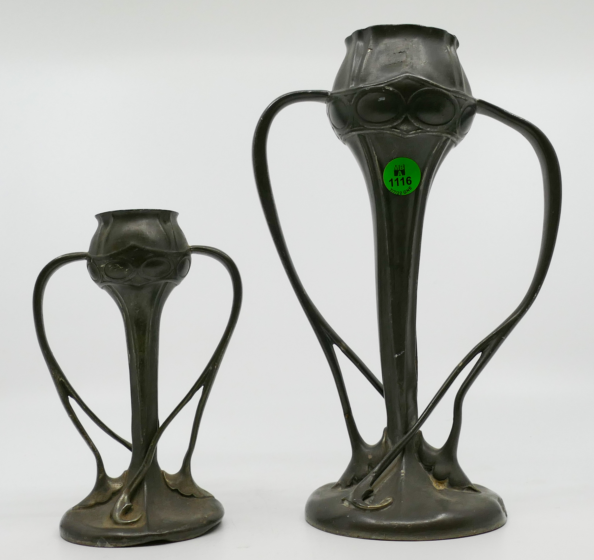 Appraisal: pc Liberty Co Art Nouveau Pewter Handled Vases '' and