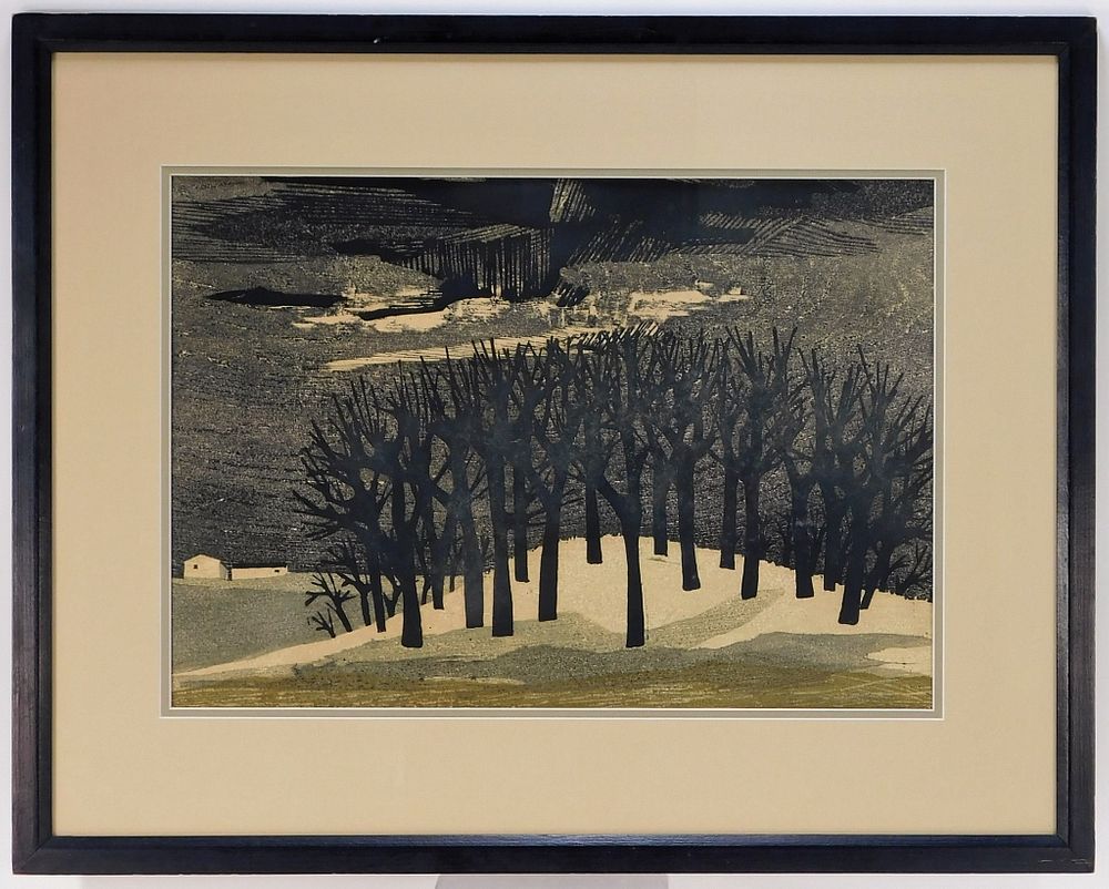 Appraisal: Tamami Shima Winter Forest Woodblock Print Japan - Monochromatic landscape