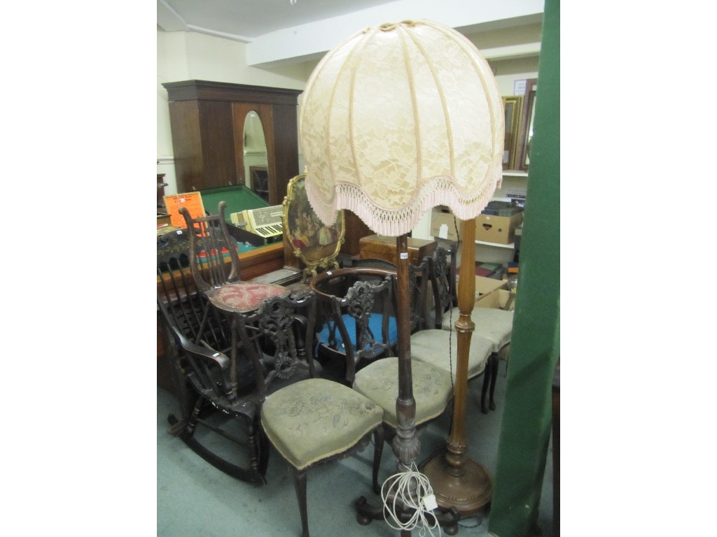 Appraisal: Large lot of occasional tables and chairs two floor lamps