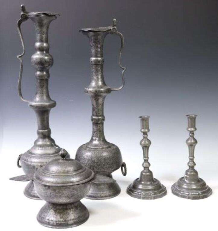 Appraisal: CONTINENTAL PEWTER EWERS CANDLESTICKS BOWL lot of Continental pewter table