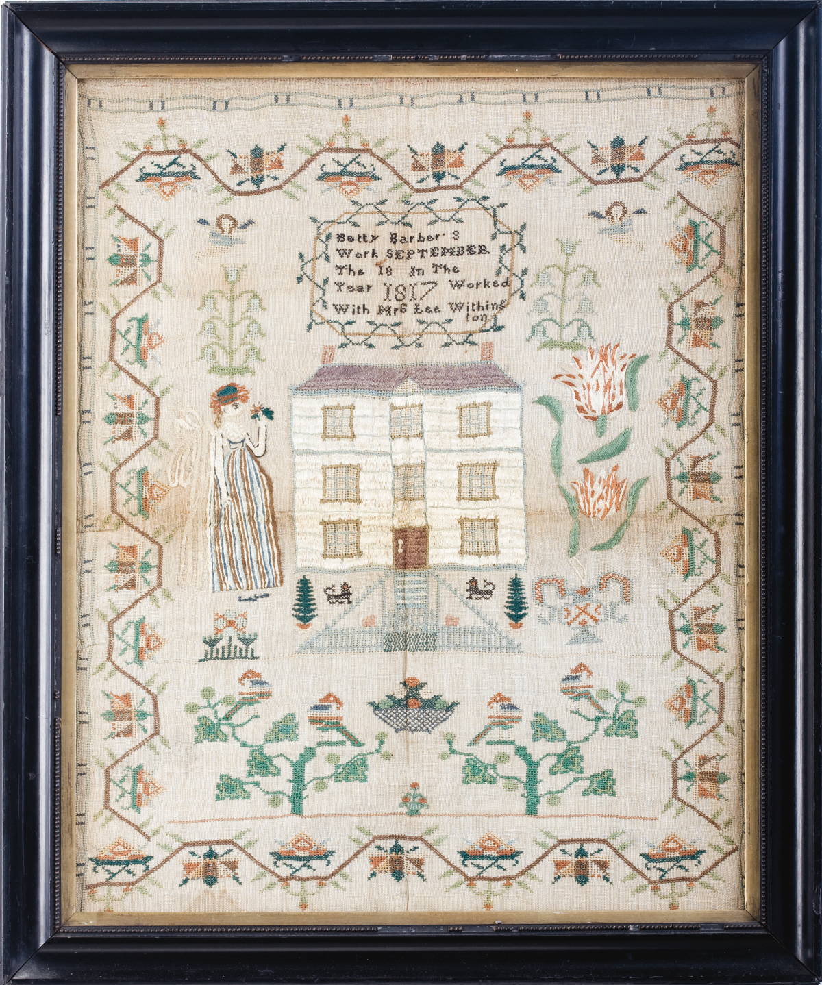 Appraisal: NEEDLEWORK SAMPLER BY BETTY BARBER Silk threads worked on linen