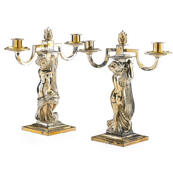 Appraisal: AFTER ANDRE DELUOL PAIR OF TWO LIGHT CANDELABRA Silver plated