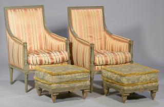 Appraisal: Pair Louis XVI Style Bergere Armchairs Footstools st nd items