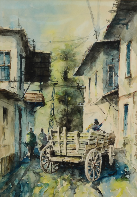 Appraisal: OZISIK Isil Turkish - Ankara Street Scene with Cart Watercolor