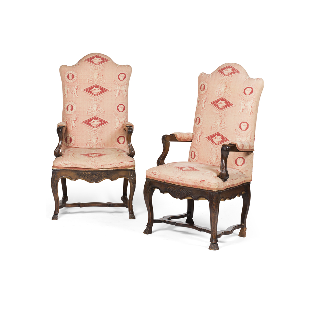 Appraisal: PAIR OF FRENCH PROVINCIAL WALNUT ARMCHAIRS TH CENTURY the tall