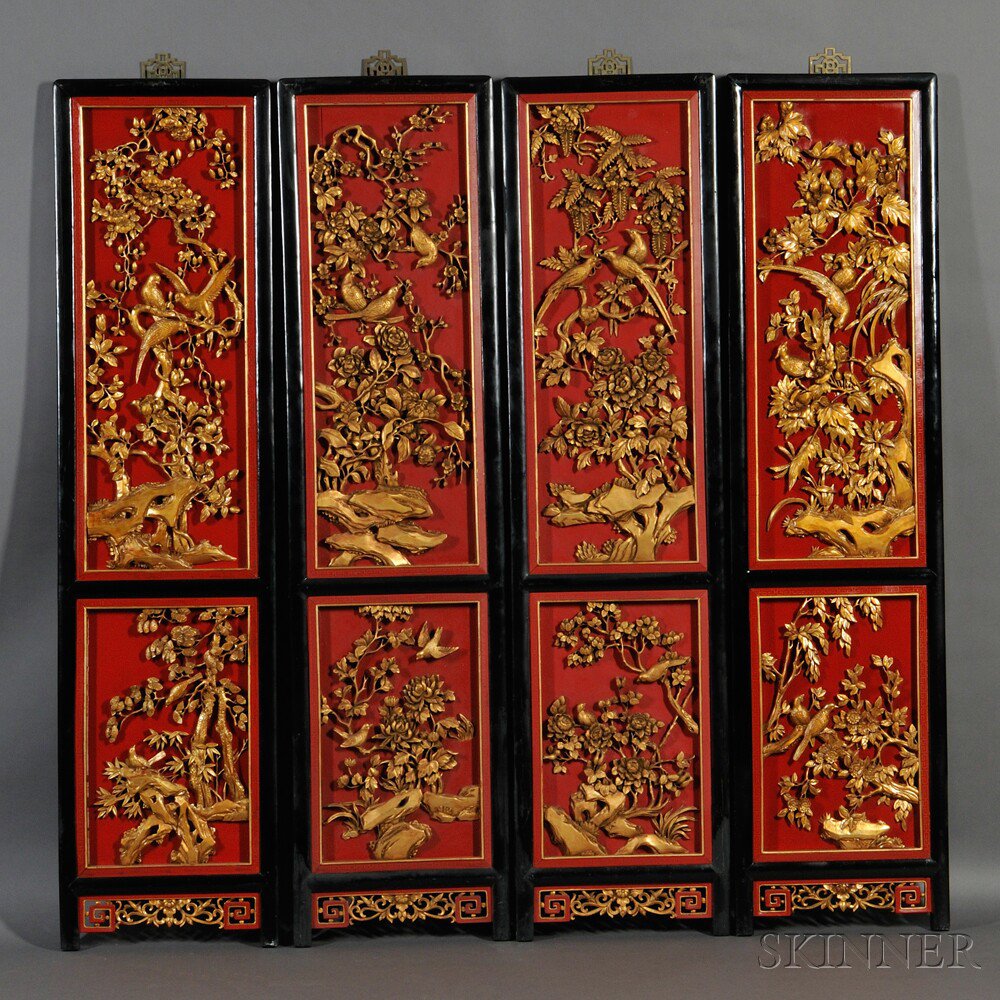 Appraisal: Set of Four Gilt and Painted Wood Panels China th