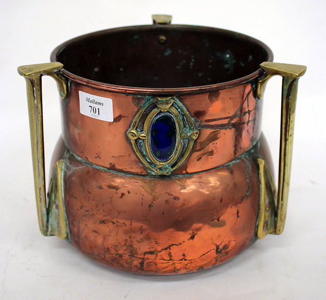 Appraisal: AN ART NOUVEAU COPPER AND BRASS JARDINIERE with three squared