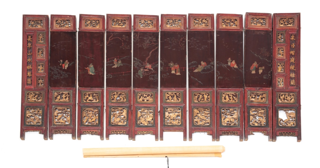 Appraisal: Late th-early th century Ten panel screen with red and