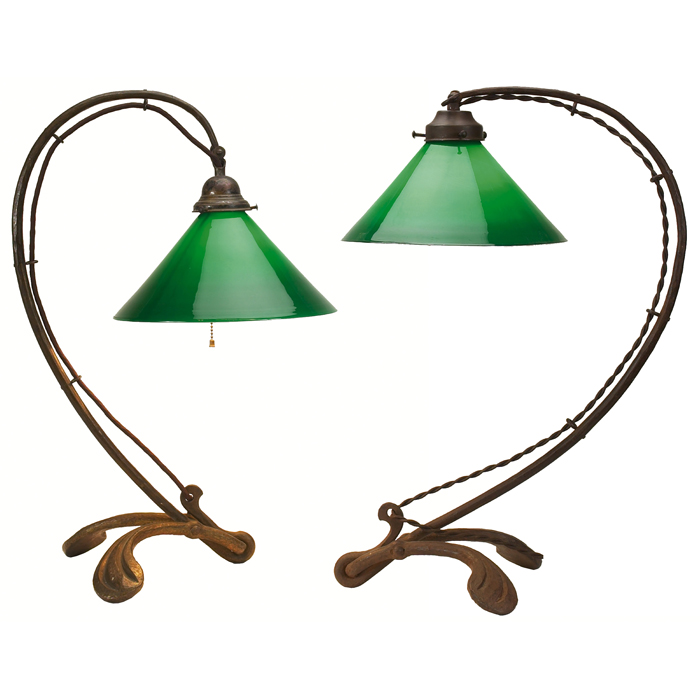 Appraisal: Arts Crafts table lamps two curved iron organic form