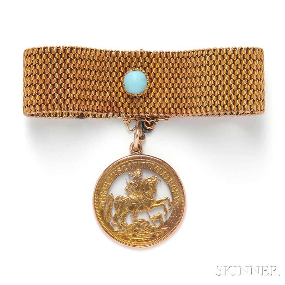 Appraisal: kt Gold Bracelet the mesh strap with blue glass cabochon