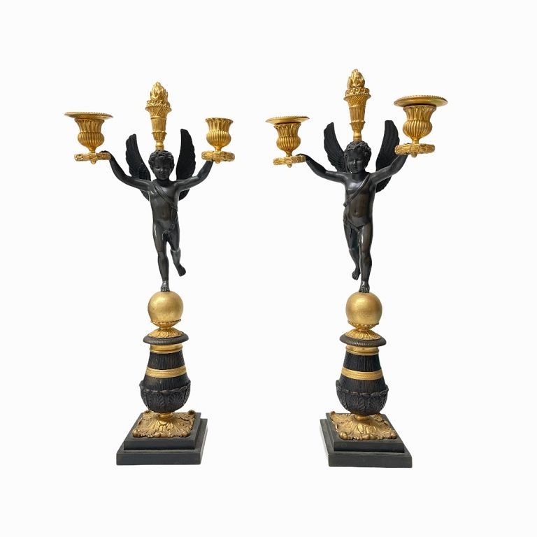 Appraisal: Antique French Empire Cherub Candelabras Antique French Empire Cherub Candelabras