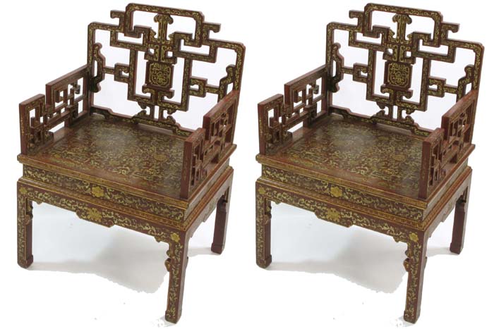 Appraisal: PAIR OF CHINESE ARMCHAIRS th century both decorated with gold