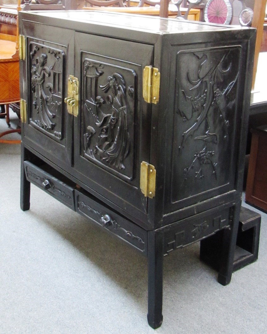 Appraisal: An early th century Chinese ebonised hardwood two door cabinet