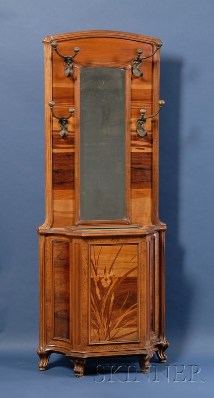 Appraisal: Galle Art Nouveau Fruitwood Marquetry-inlaid and Bronze-mounted Hall Tree c