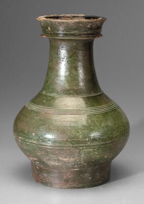 Appraisal: Chinese hu vase olive green glaze shoulder with four bowstrings