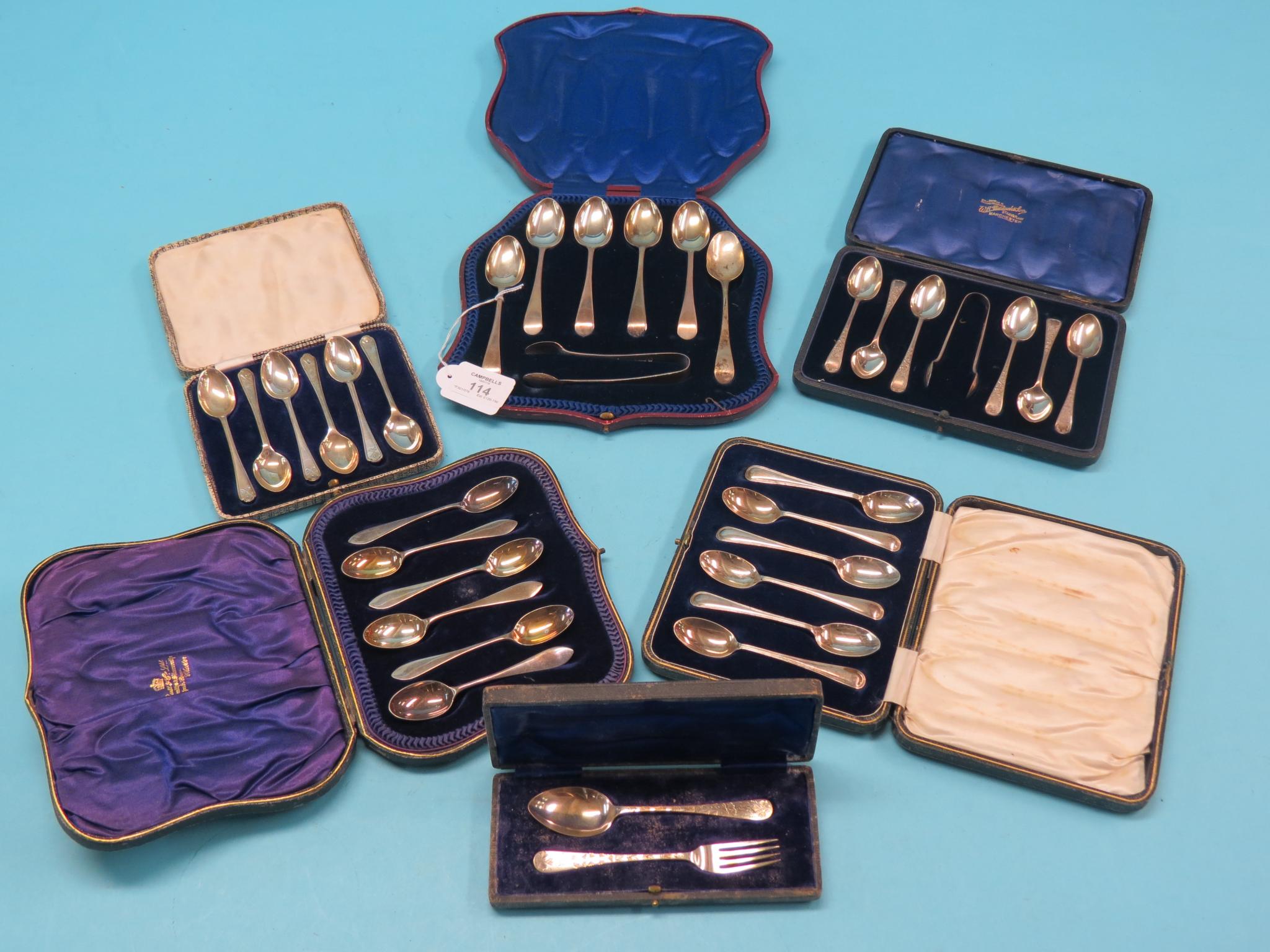 Appraisal: Five cased sets of six silver teaspoons two sets with