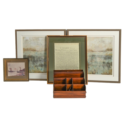 Appraisal: An antique style mahogany stationery rack and four prints