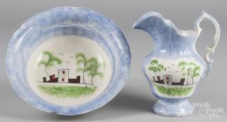 Appraisal: Blue spatter pitcher and basin with fort decoration '' h