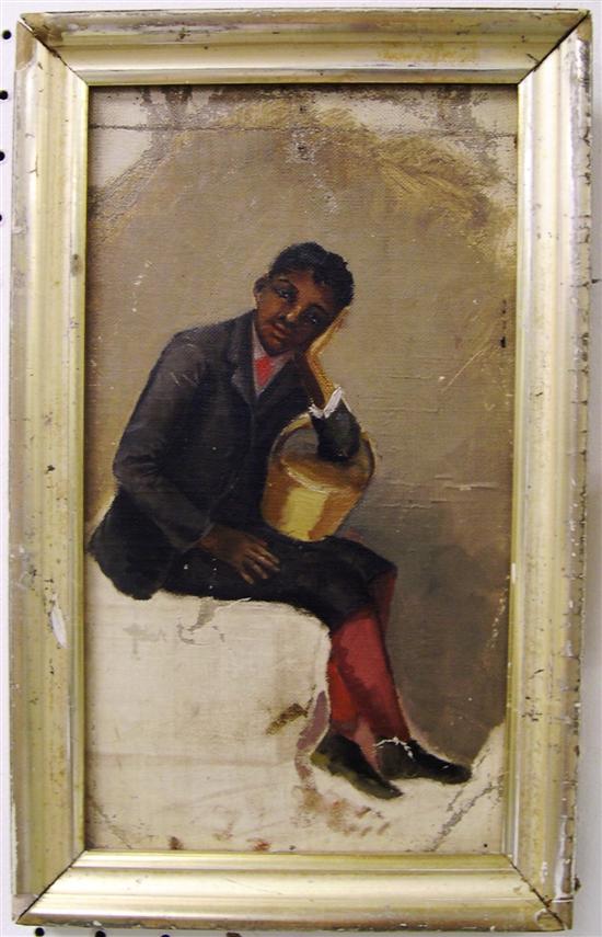 Appraisal: Oil on canvas black boy sitting with basket framed unsigned