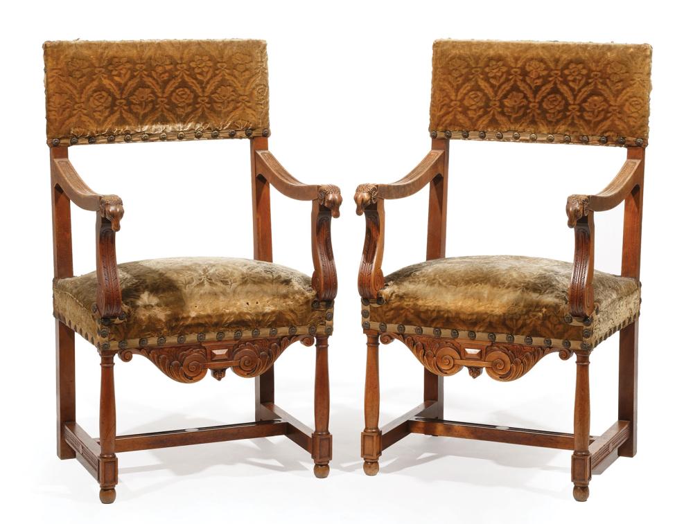 Appraisal: Pair of Renaissance Walnut Armchairs late th c ram's heads