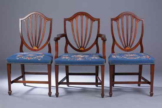 Appraisal: SET SIX HEPPLEWHITE STYLE MAHOGANY DINING CHAIRS Arched crest encompassing