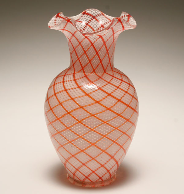 Appraisal: Murano white and orange reticello art glass vase H