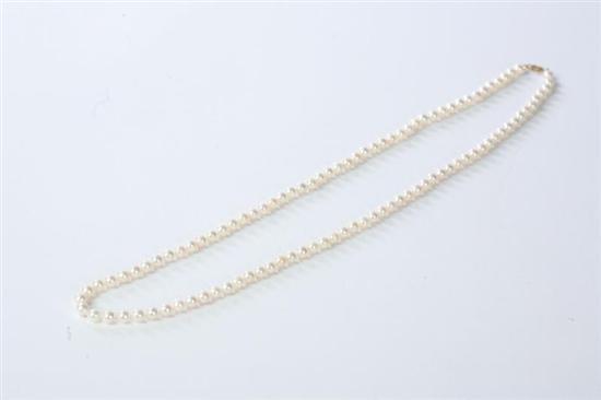 Appraisal: PEARL NECKLACE Single strand with one hundred cultured pearls to