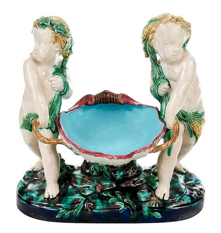 Appraisal: Mintons Majolica Centerpiece British mid- th century depiction of two