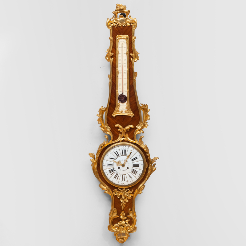 Appraisal: LOUIS XV STYLE GILT-BRONZE-MOUNTED KINGWOOD THERMOMETER CLOCK THE DIAL SIGNED