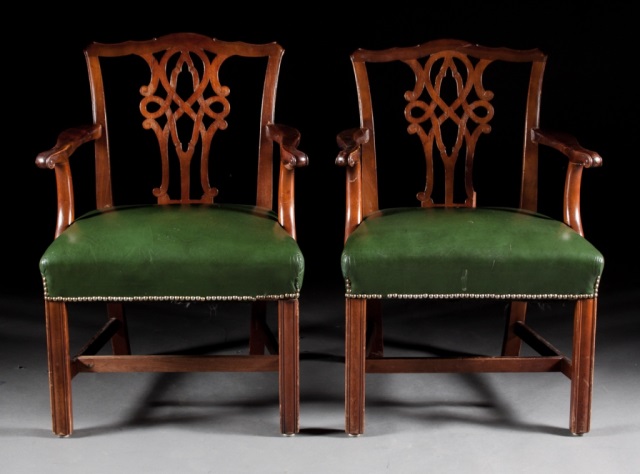 Appraisal: Ten Chippendale style mahogany armchairs pierced splats overupholstered with brass