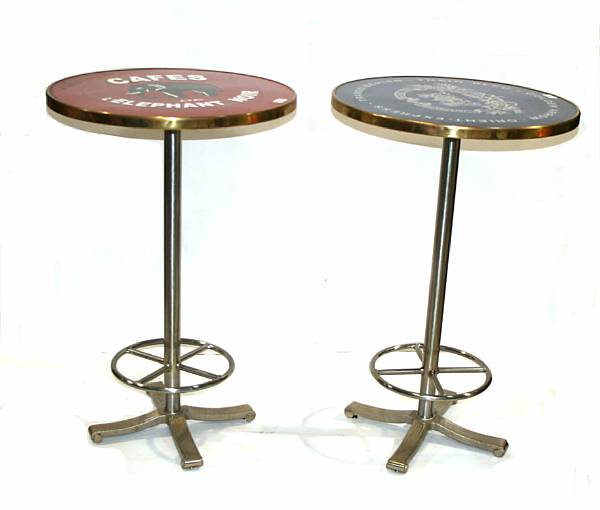 Appraisal: Two brass and enamel decorated pub tables height in diameter