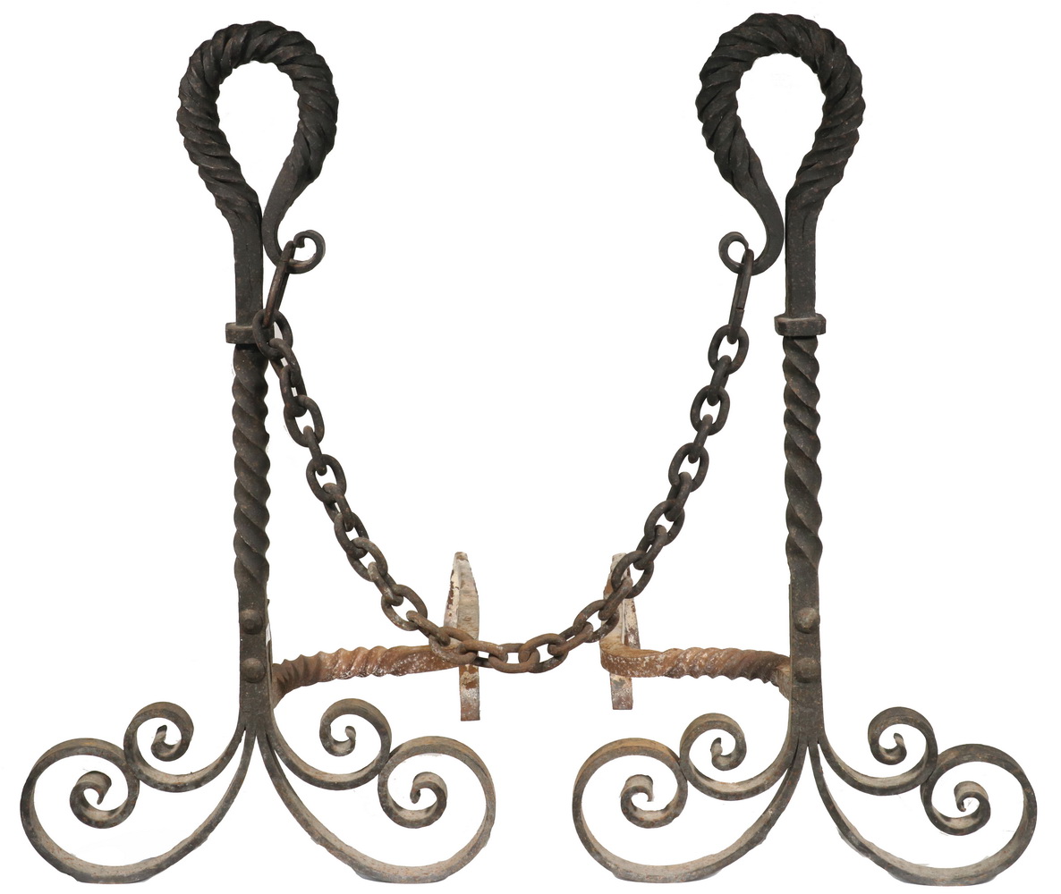 Appraisal: PR WROUGHT IRON ANDIRONS Pair of Early th c American