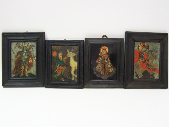 Appraisal: Unknown E th C four retablos reverse paintings on glass