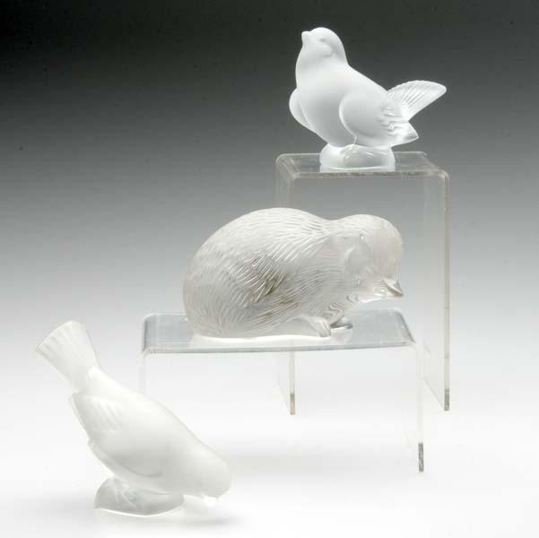 Appraisal: LALIQUE Three figures Hedgehog and two sparrows All marked Tallest