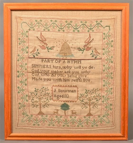 Appraisal: Cross-stitch Needlework Sampler Cross-stitch Needlework Sampler Signed J Bowman Aged