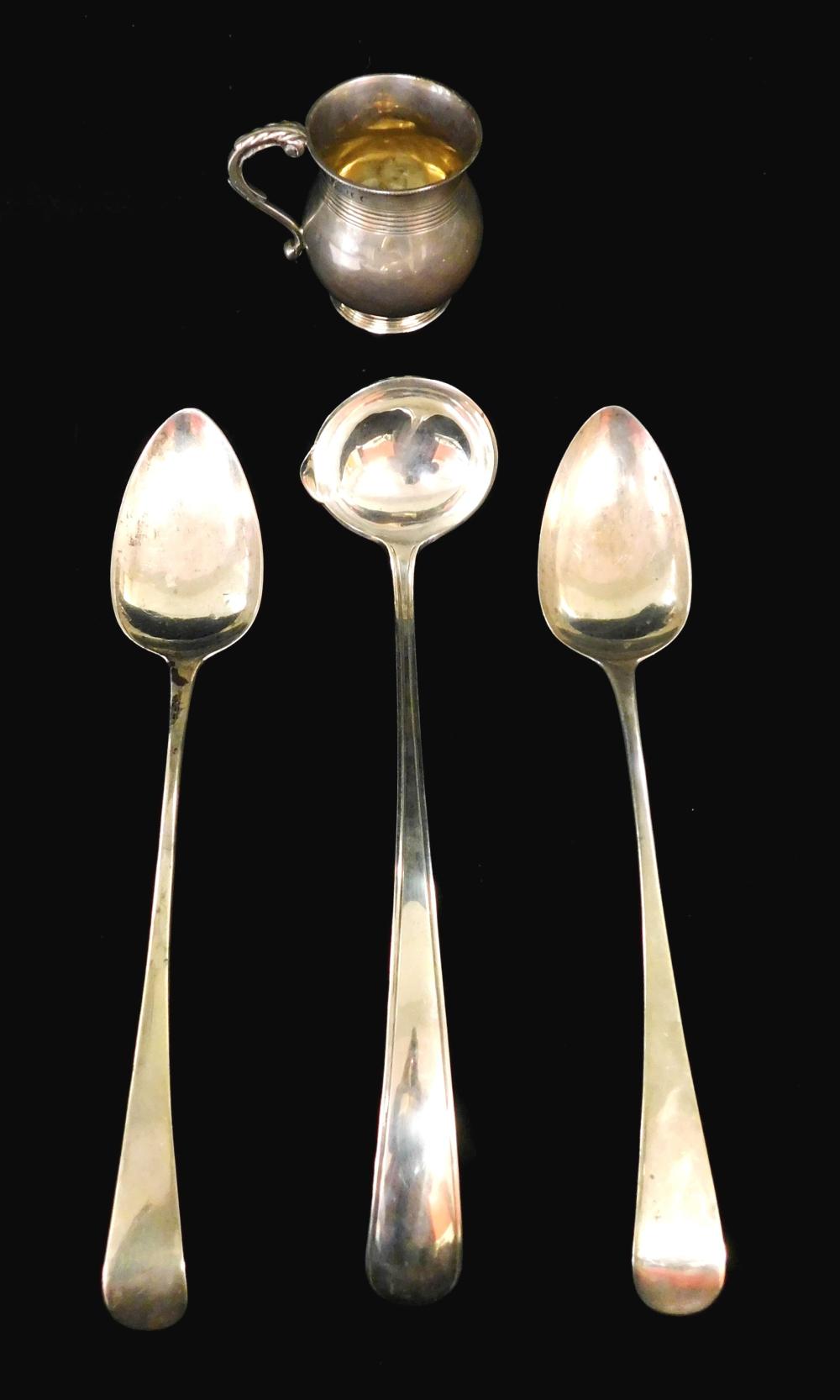 Appraisal: STERLING Four pieces of English sterling two serving spoons early