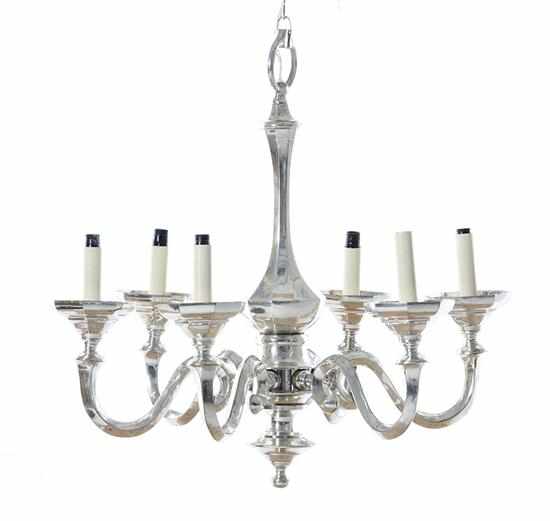 Appraisal: Silverplate six-light candelabra paneled baluster stem supporting scrolling arms ending