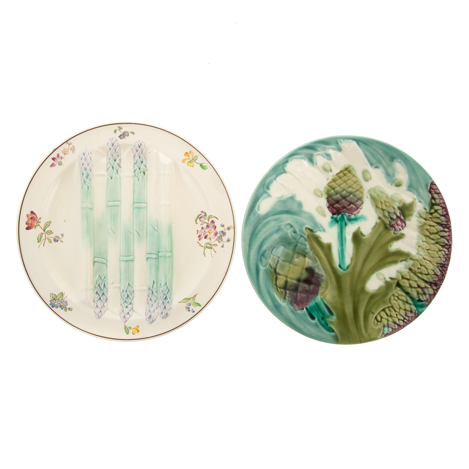 Appraisal: TWO FRENCH FAIENCE ASPARAGUS PLATES th century Luneville plate with