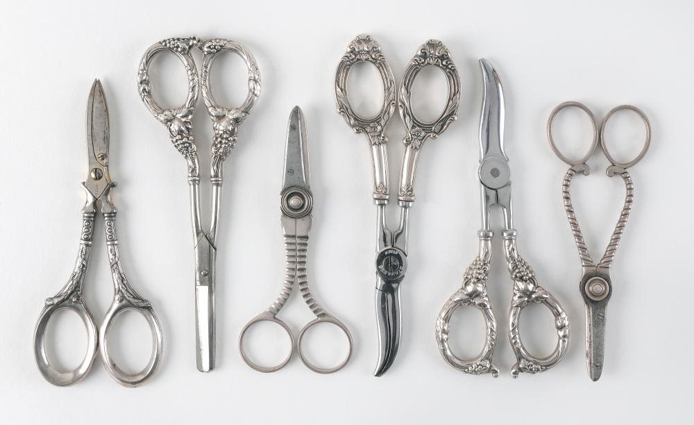 Appraisal: SIX PAIRS OF STERLING SILVER-HANDLED GRAPE SHEARS EARLY TH CENTURYSIX