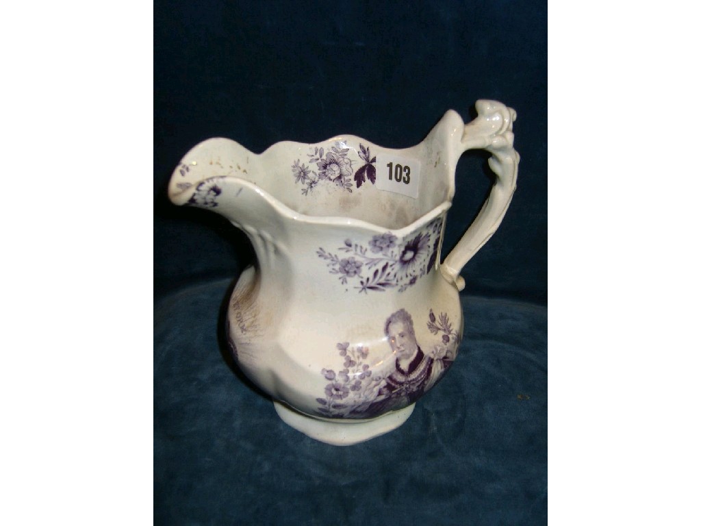 Appraisal: A th century jug with purple printed decoration commemorating the