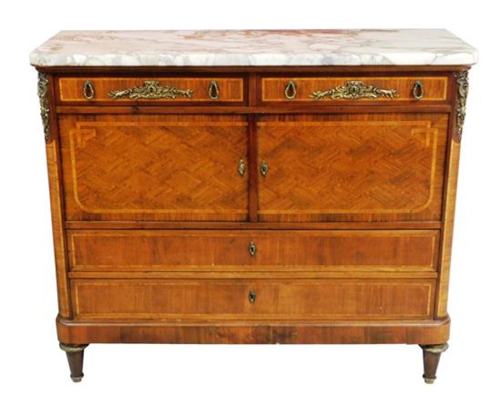 Appraisal: Louis XVI style marble top chest with parquetry ornate pierced