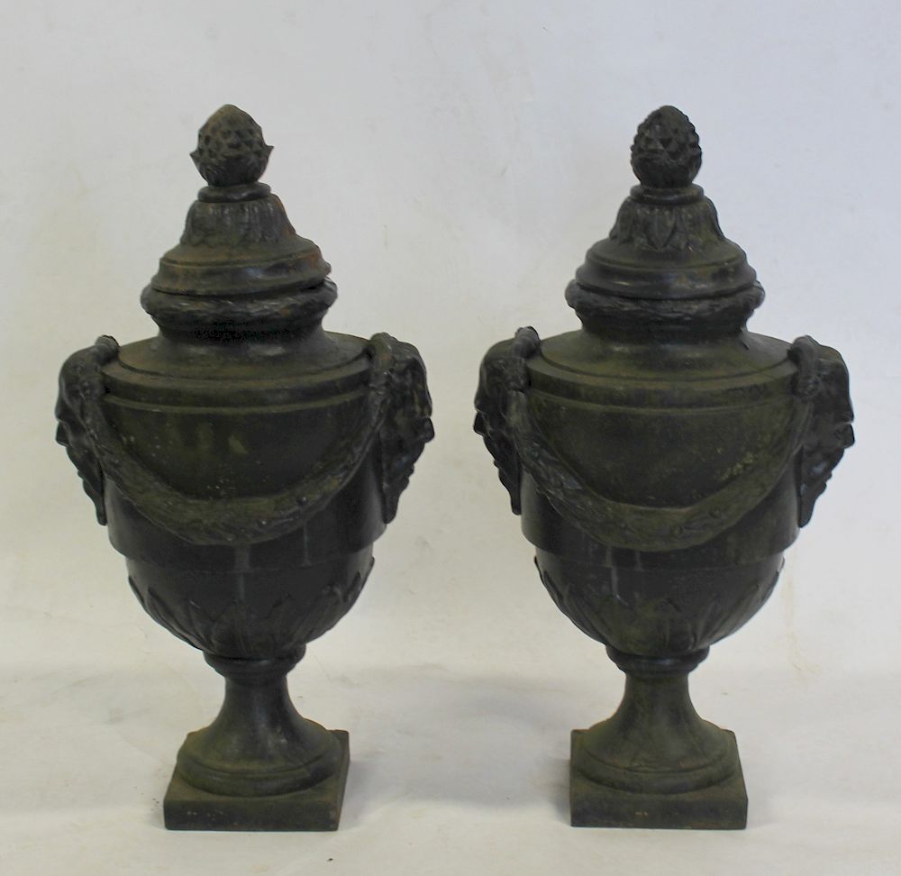 Appraisal: Pair of Black Painted Lidded Cast Iron Urns From a