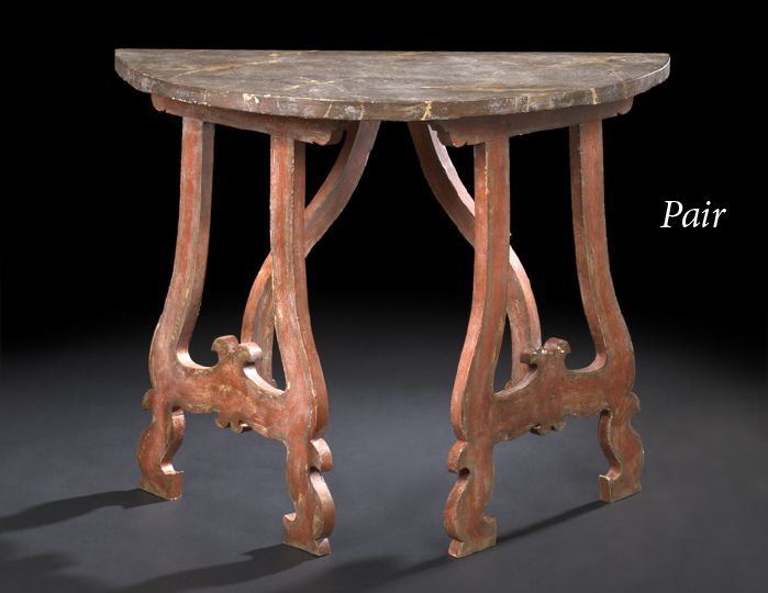 Appraisal: Pair of Continental Provincial Polychromed Wooden Console Tables third quarter