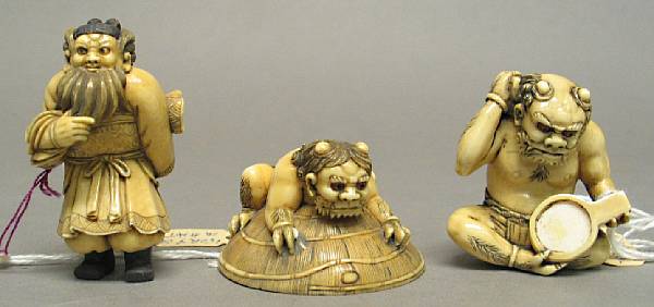 Appraisal: A group of three ivory figural studies Each signed Meigyokusai